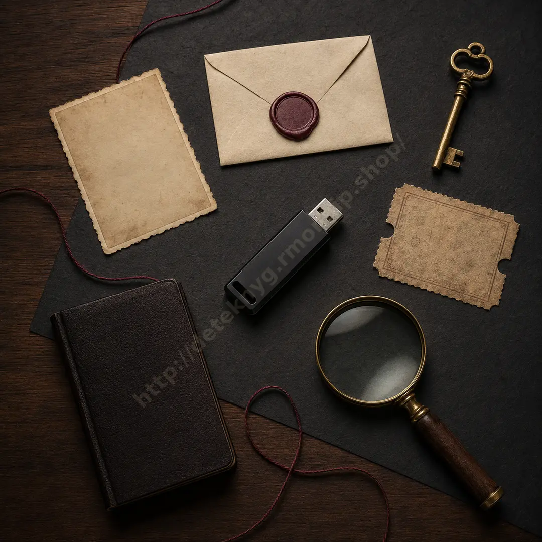 USB-флешка серед архівних матеріалів, ключа та лупи