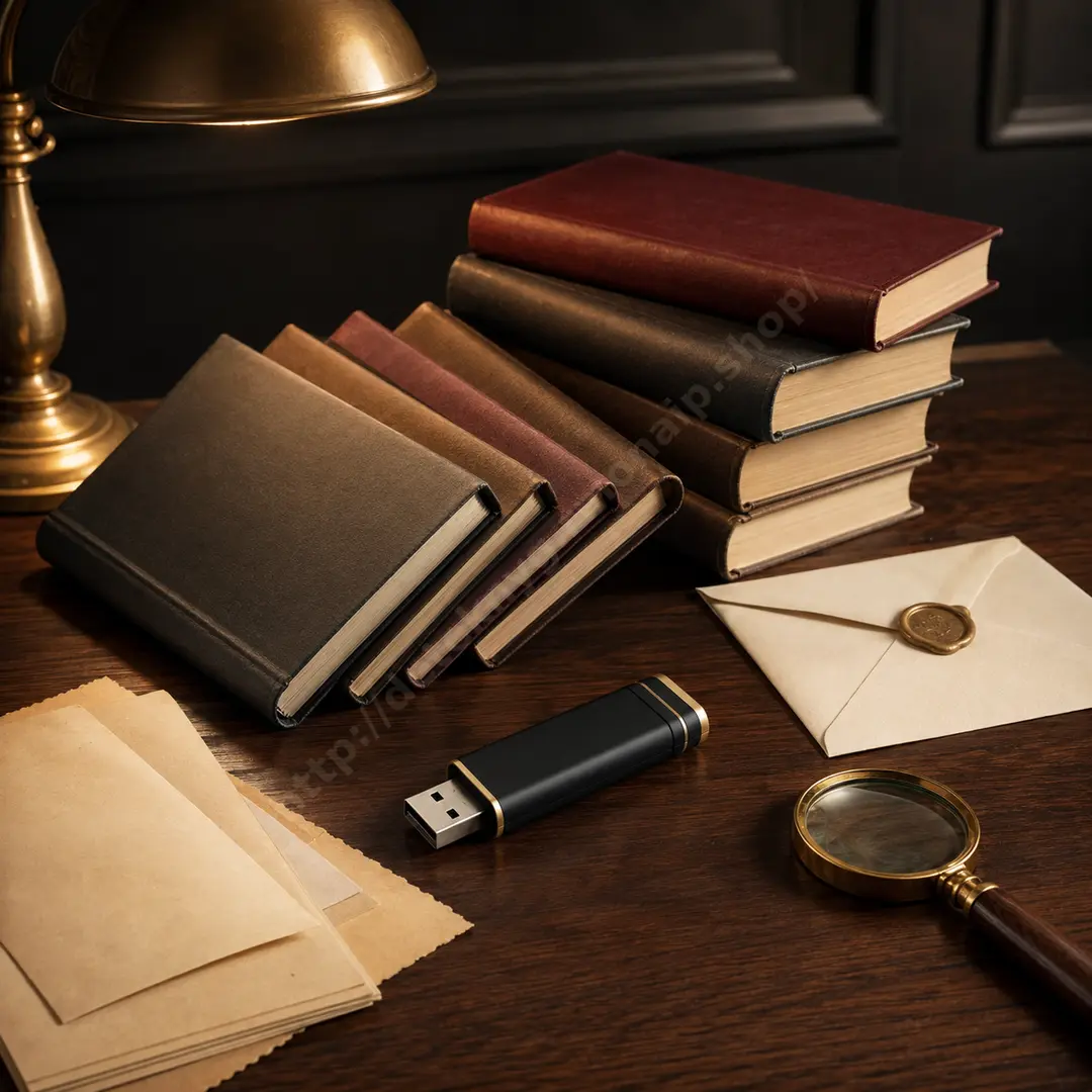 USB-флешка поруч із детективними книжками, листом і лупою